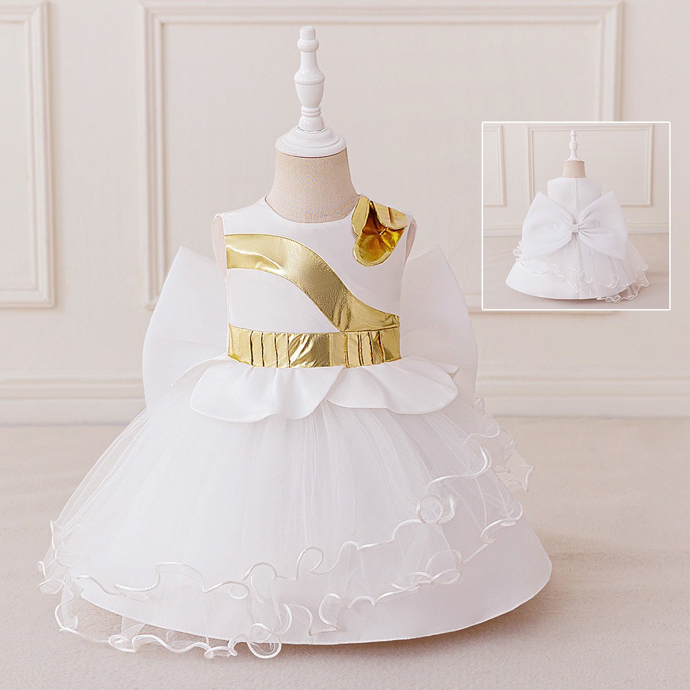 FK26-210408 Gaun Pesta Anak. Girl's Gold Back Big Bow Puffy Mesh Skirt Party Dress Sz 70-110