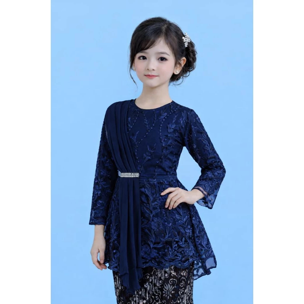 Setelan Baju Kebaya Anak Perempuan Bahan Brukat Tile Bordir Mutiara Set Rok Plisket Batik Anak / Keb