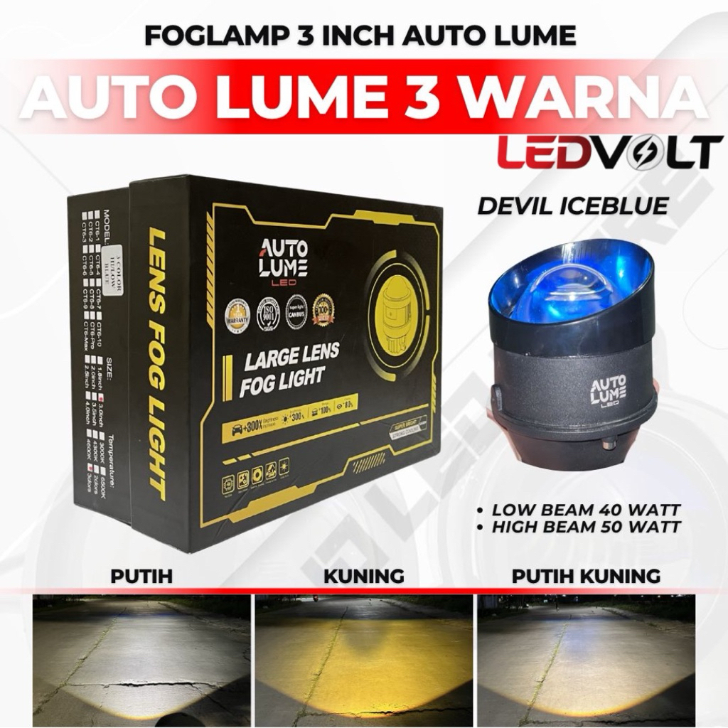 AUTOLUME BILED FOGLAMP Projector 3 Inch 3 Warna Foglamp Mobil + Devil Eyes Blue Lens