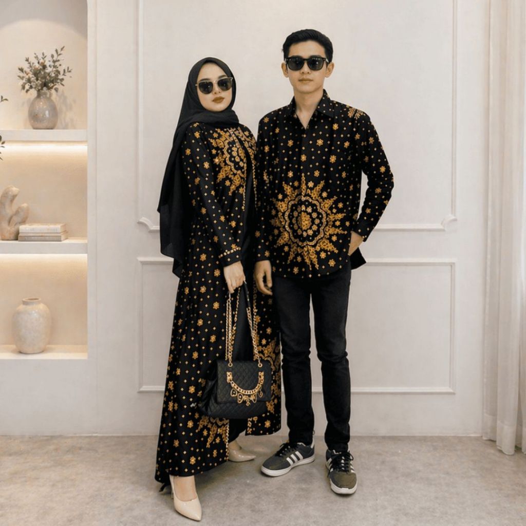 Setelan Couple Songket Hitam Wanita Elegan Kombinasi Batik | Baju Kondangan Lebaran Mewah Modern Mot