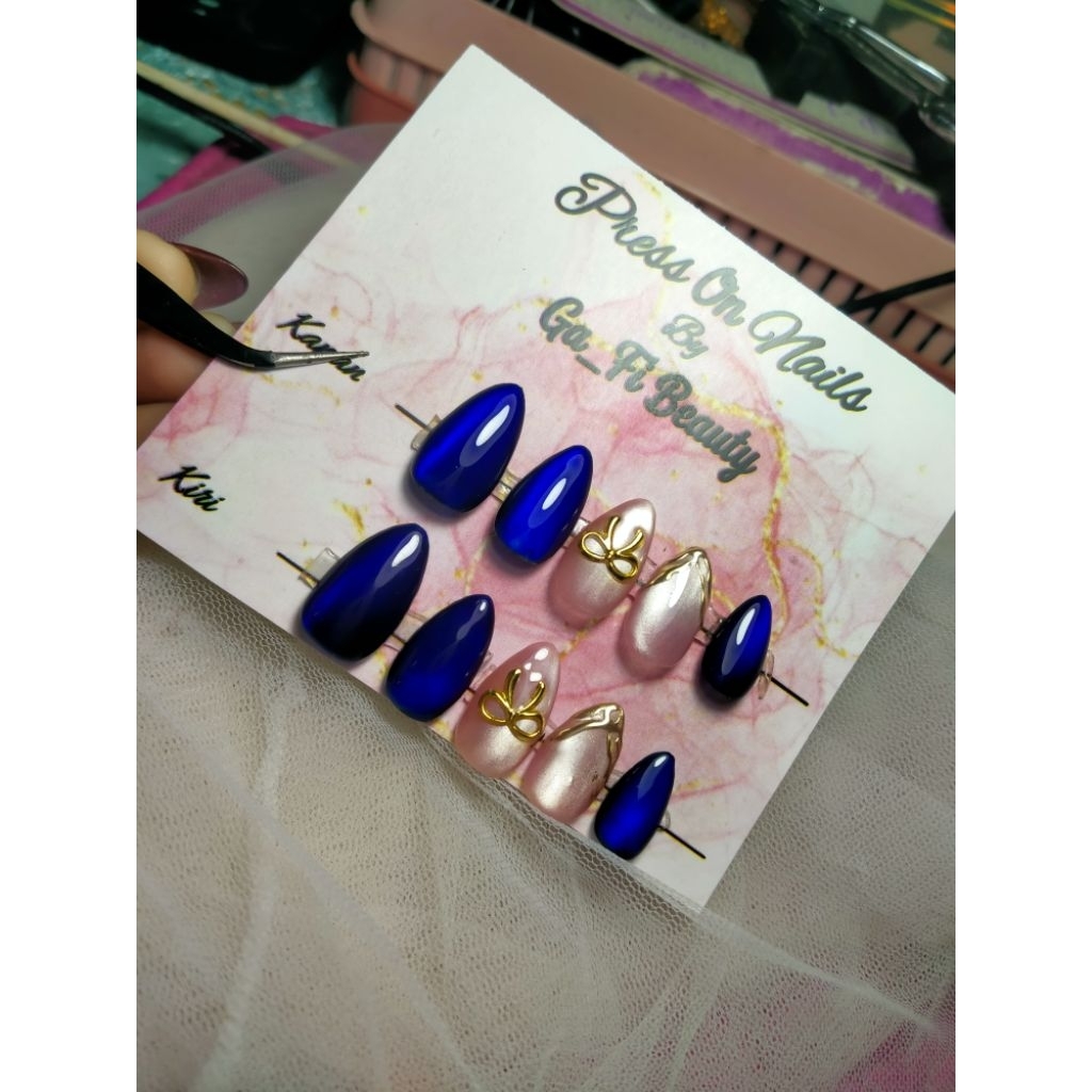 Nail Art Biru cat eye | Press On Nails | Nail Art wedding | Fake nails | kuku palsu | nail art custo