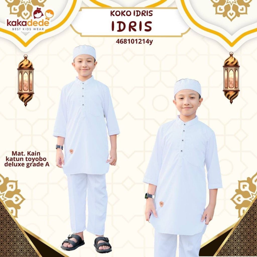 Set Koko Putih Anak Laki Laki Kurta Idris Set Peci Bordir 4-14 Tahun Baju Muslim Manasik Haji Premiu