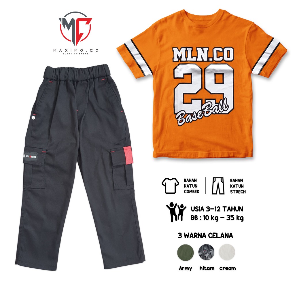 MAXIMO.CO Setelan Baju Distro Anak 29 Orange dan Celana Chino Kargo Panjang Usia 3-12 Tahun