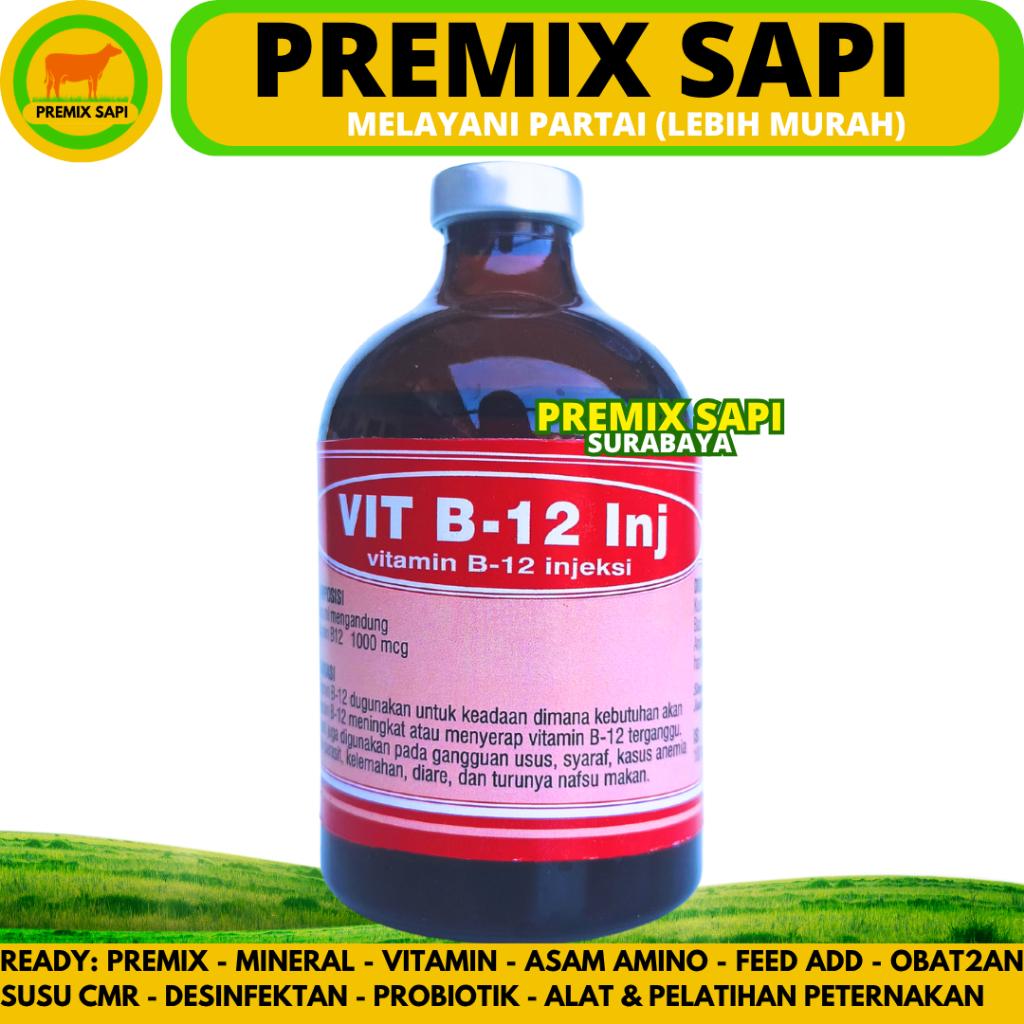 VIT B12 INJ 100ML BOTOL MERAH - Vitamin B12 Hewan Meningkatkan Nafsu Makan Hewan Ternak Sapi Kambing