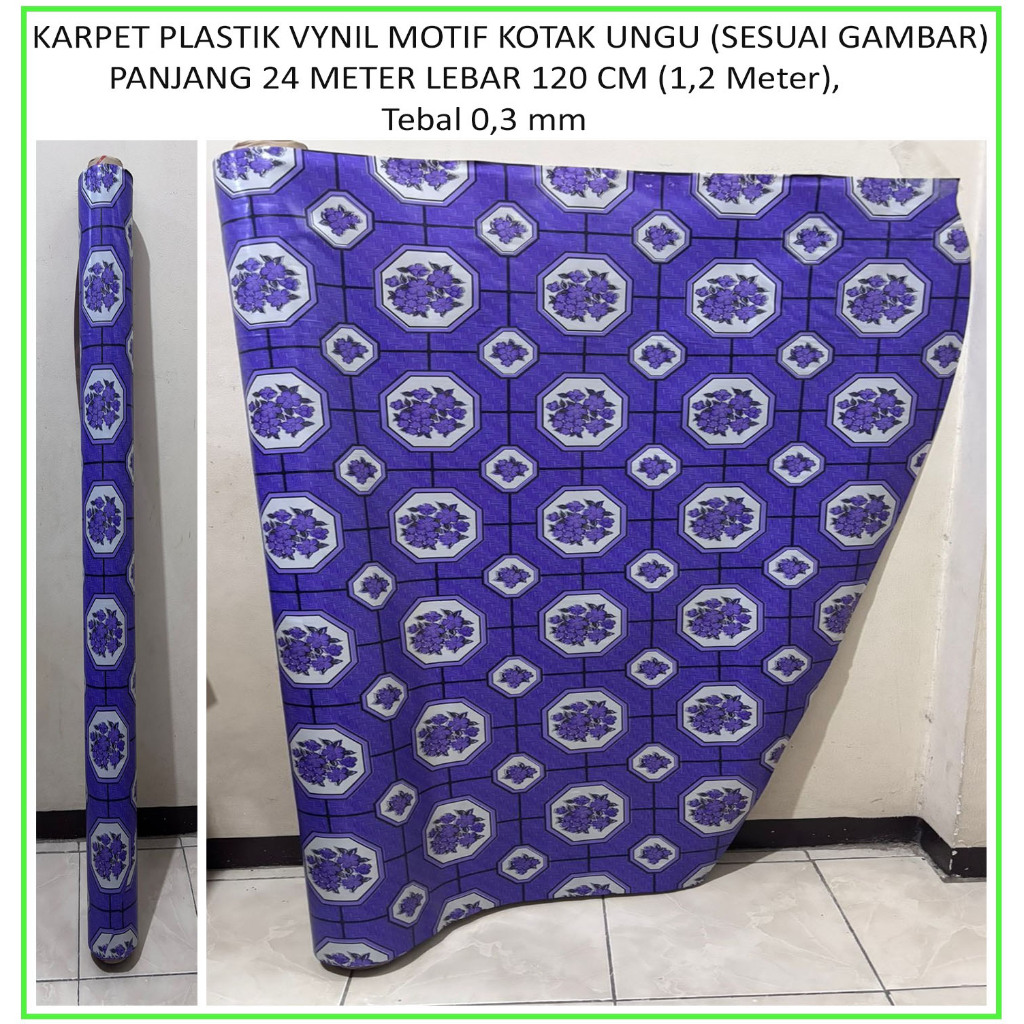 Karpet Lantai Plastik Vinyl 1 ROLL Panjang 24 Meter Lebar 1.2m MOTIF UNGU KOTAK (SESUAI GAMBAR)