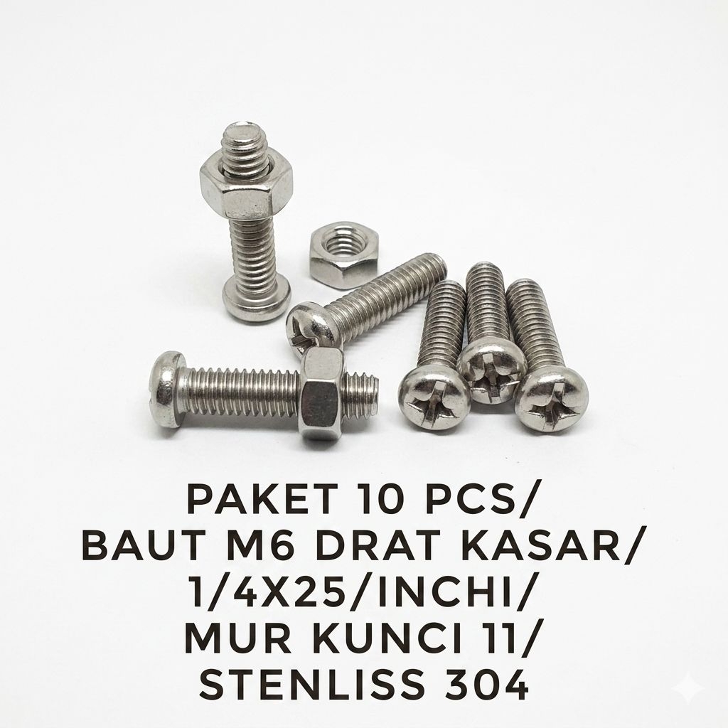 PAKET 10 PCS/BAUT 10 DRAT KASAR/.1/4X25/DRAT INCHI/ STENLISS 304/MUR KUNCI 11