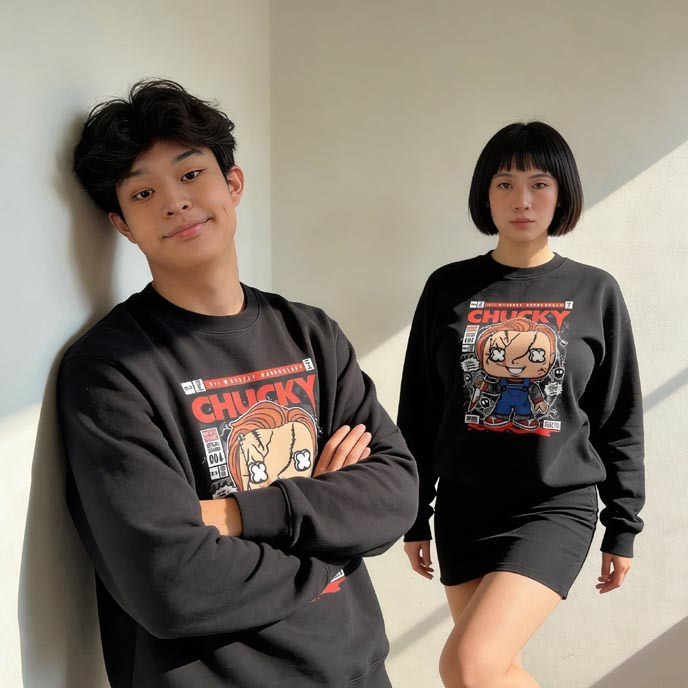 Sweater Boneka Chucky Crewneck Sweatshirt Casual Unisex || Bahan Cotton Fleece Adem & Nyaman || REAL