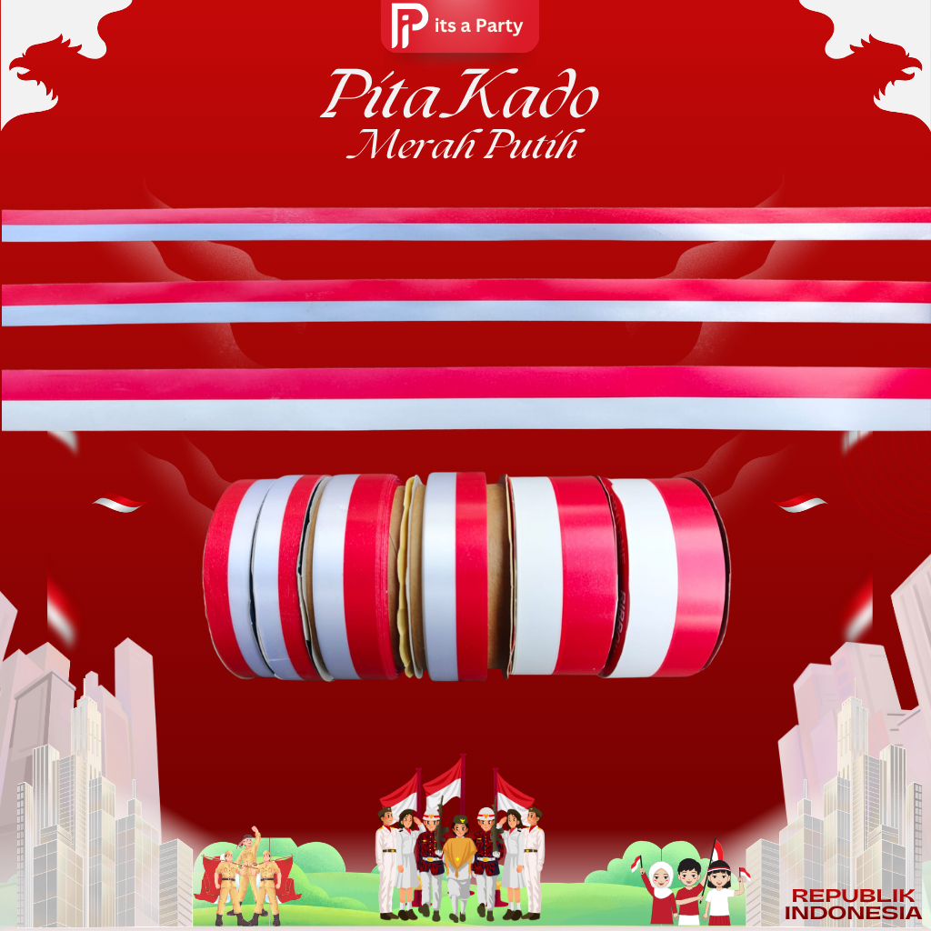 1 Meter Pita Kado Merah Putih Uk 2cm 2,5cm 3,8cm | Pita Bendera Merah Putih 20mm 25mm 28mm | Pita Ka