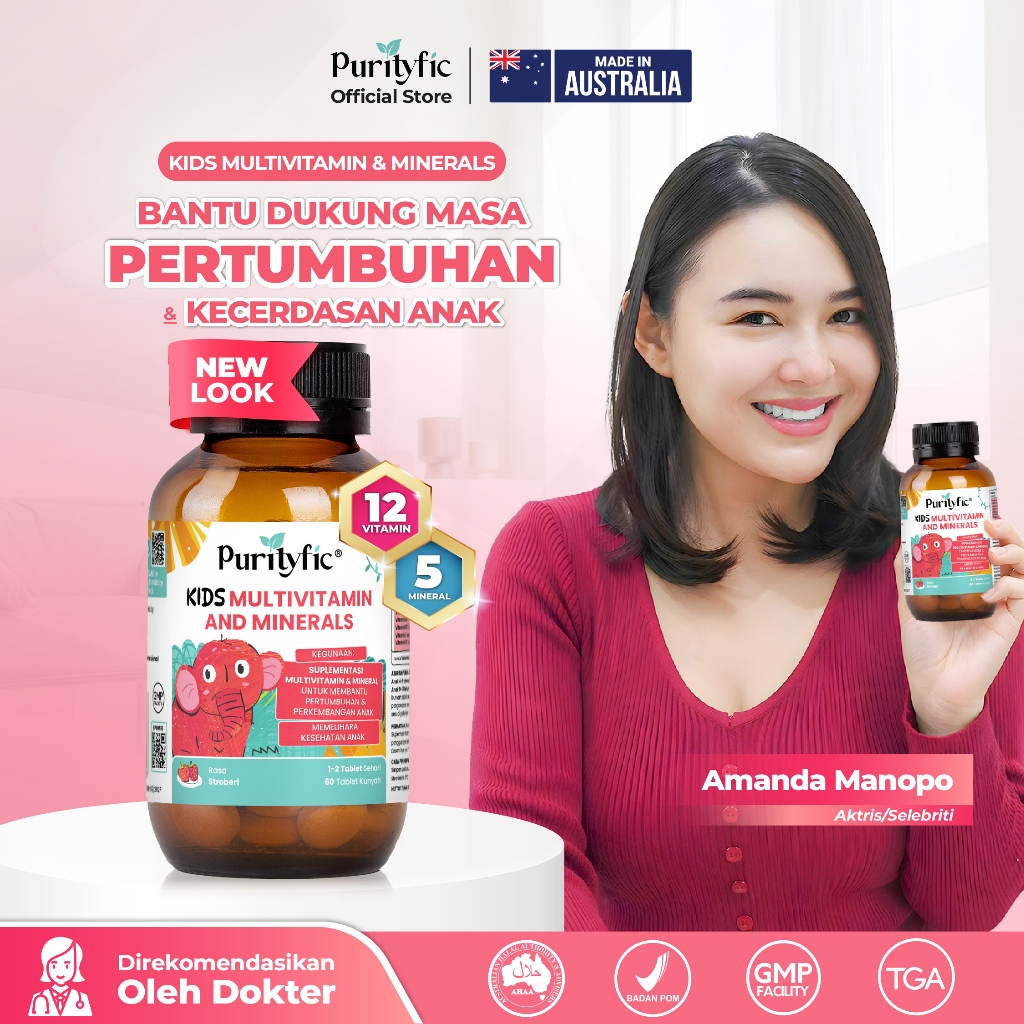 Purityfic Kids Multivitamin & Minerals 60 Tablet Hisap – Vitamin Australia untuk Nutrisi Otak dan Pe