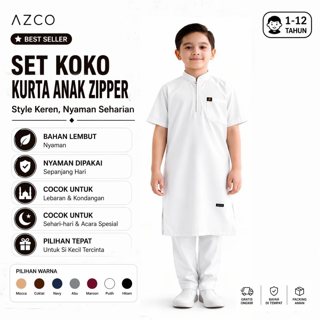 AZCO Setelan Baju Koko Anak Laki Laki Kurta AZ Zipper Usia 1-12 Tahun