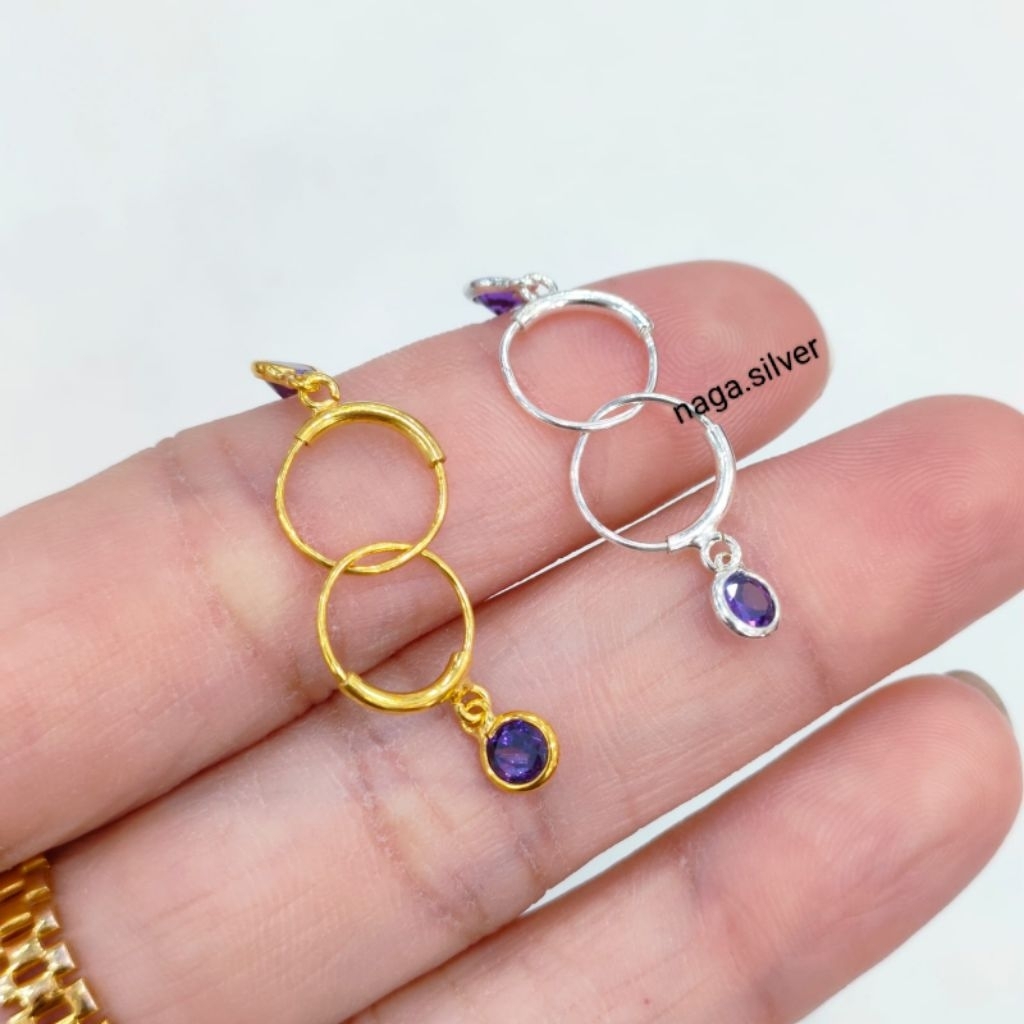 Anting Kenip Anak Gantung Mata Ungu Perak Asli