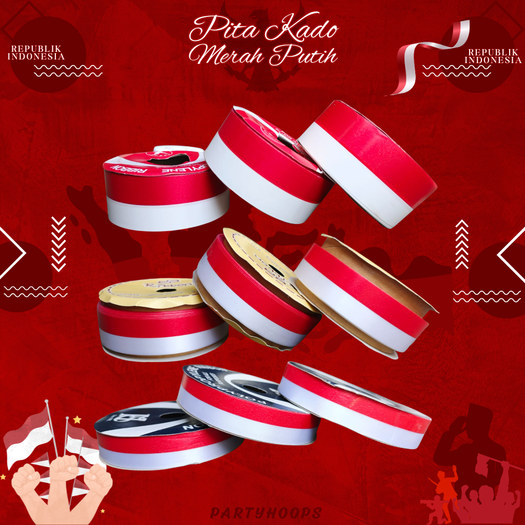 [Roll] Pita Kado Merah Putih Uk 2cm 2,5cm 3,8cm | Pita Bendera Merah Putih 20mm 25mm 28mm | Pita Kad