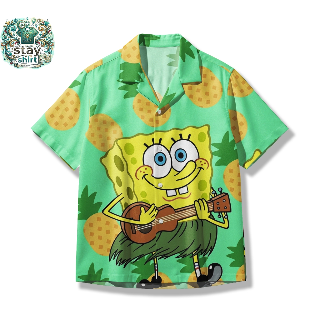 STAYSHIRT Kemeja Spongebob Aloha Ukulele - Atasan Unisex Hijau Mint Motif Nanas & Rok Hula STY109