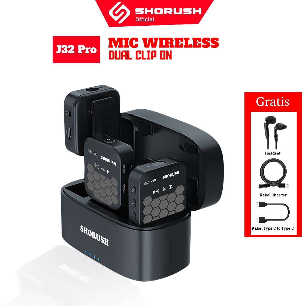Shorush J32 Pro Wireless Microphone Clip On Mic Hp dan Kamera Lavalier Mikrofon untuk Konten Live Vl