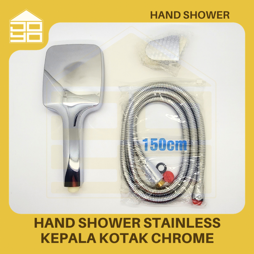 Hand Shower Kamar Mandi Kepala Kotak Bahan Stainless Chrome - Selang 150cm, Tekanan Tinggi, Tahan Ka