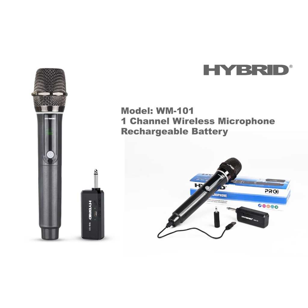 HYBRID WM101 WM 101 Wireless Microphone Rechargeable Mic Karaoke 1 Channel UHF Charger USB