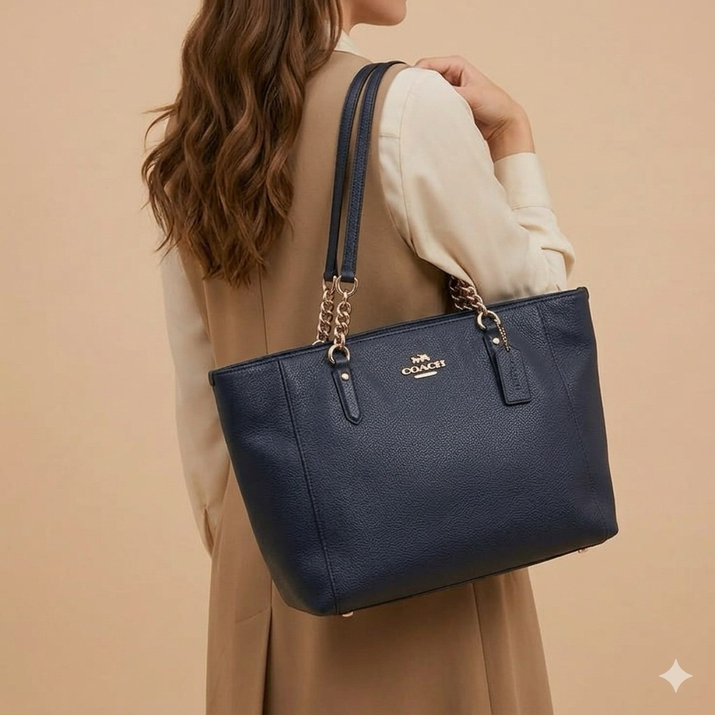 [SALE] Coach Chelsea Jayden Chain Tote - Navy Blue Pebbled Learher (Authentic)