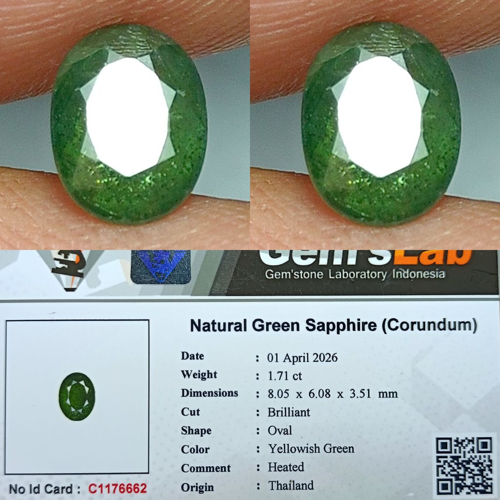 NATURAL GREEN SAPPHIRE HEATED YELLOWISH GREEN THAILAND 1.71 CARAT MEMO GLI LAB