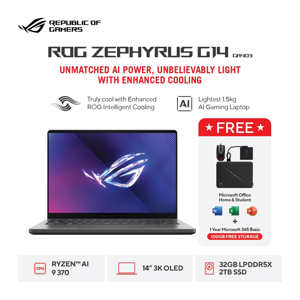 ASUS Laptop ROG ZEPHYRUS G14 GA403WR-R9NT7OL6G-HM RYZEN AI 9 HX370 32GB -SSD 2TB -RTX5070TI 12GB -WI