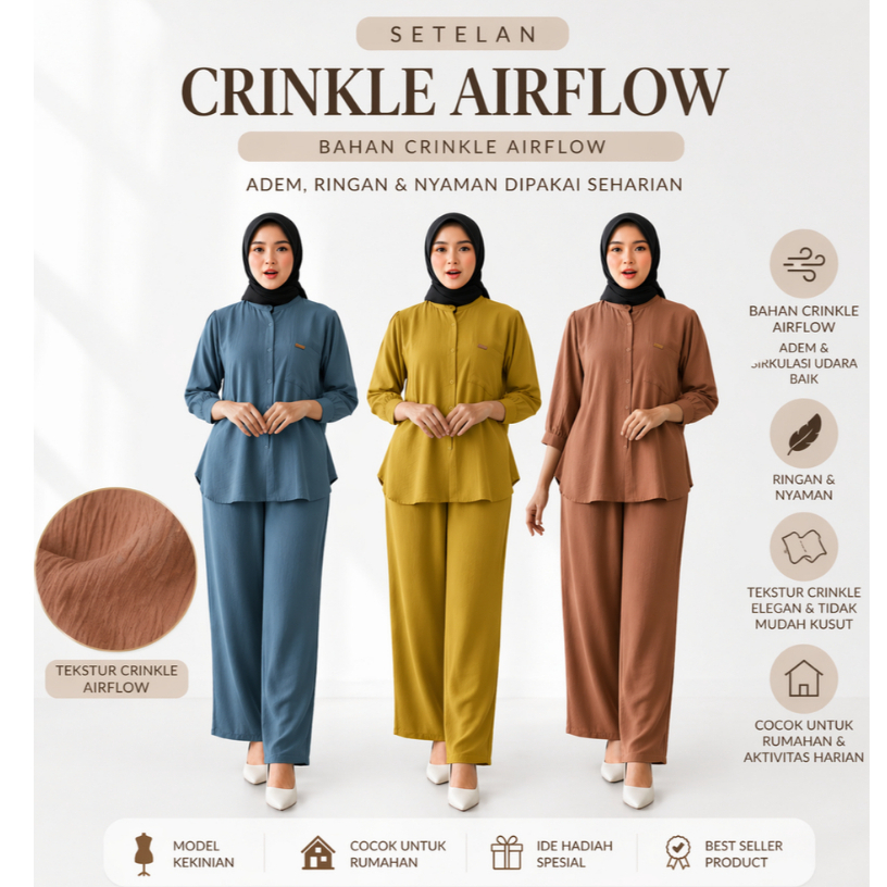Setelan Crinkle Airflow Wanita Premium | Baju Santai Adem & Ringan | Piyama Wanita Kekinian Jumbo & 
