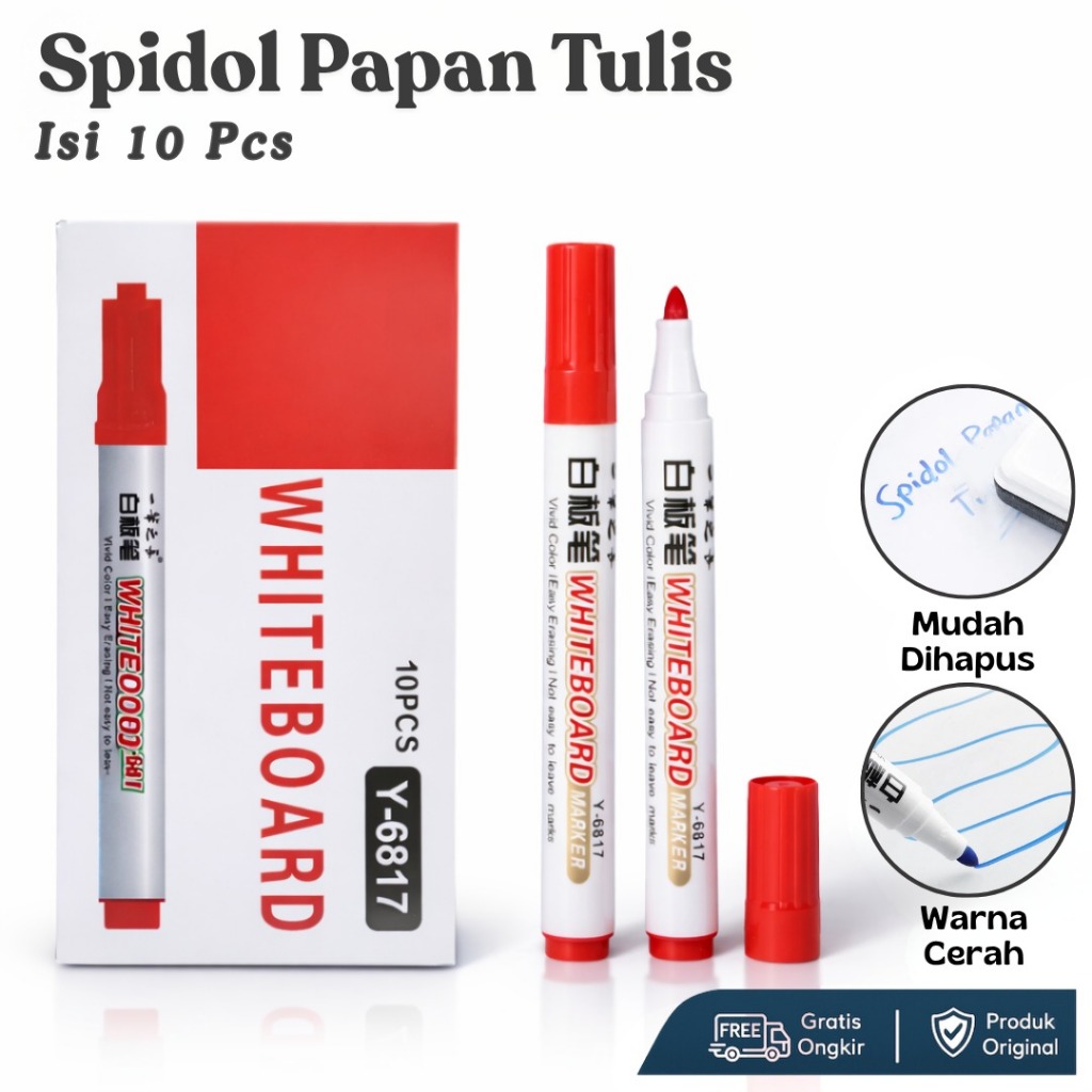 Spidol Whiteboard Isi 10 PCS Spidol Papan Tulis Mudah Dihapus Warna Cerah Perlengkapan Sekolah Dan K