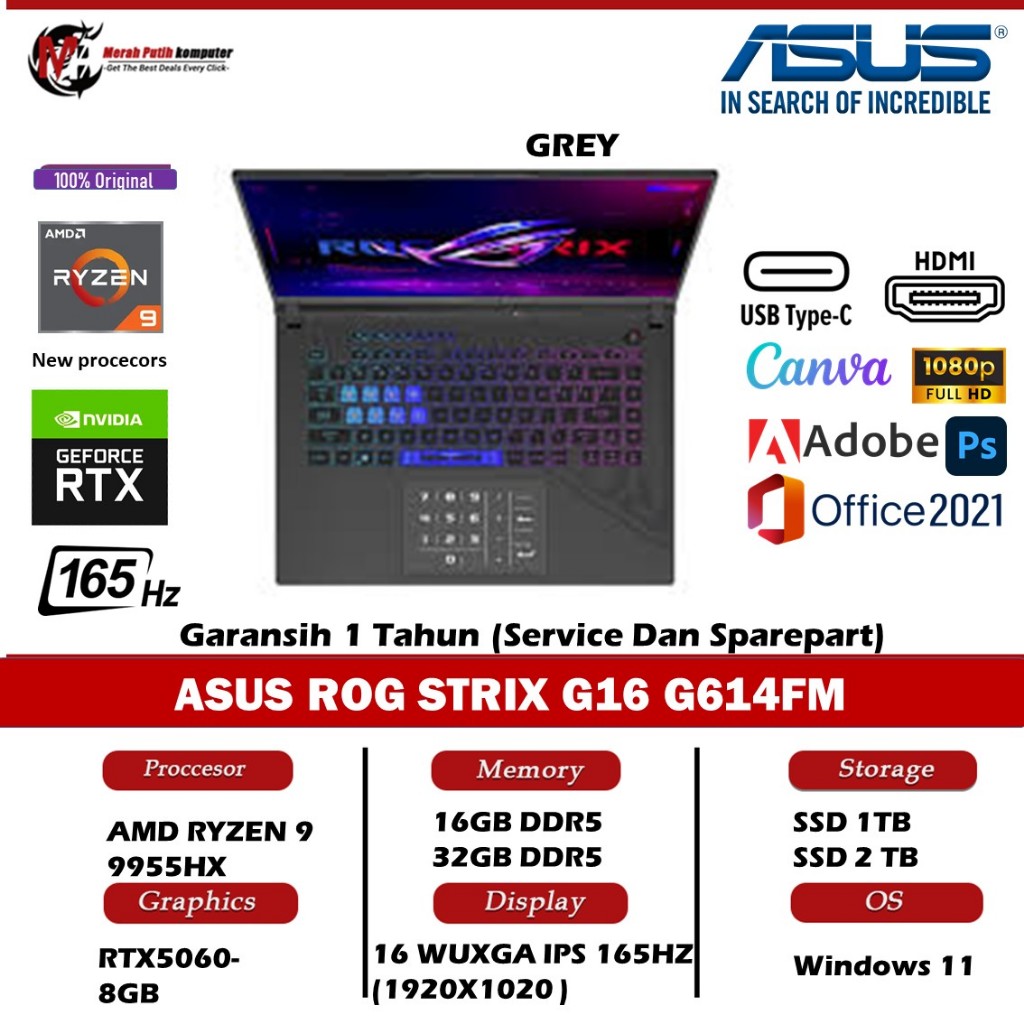 ASUS ROG STRIX G16 G614FM AMD RYZEN 9 9955HX 16GB DDR5 1TB RTX5060-8GB 16 WUXGA IPS 165HZ RGB WIN11H