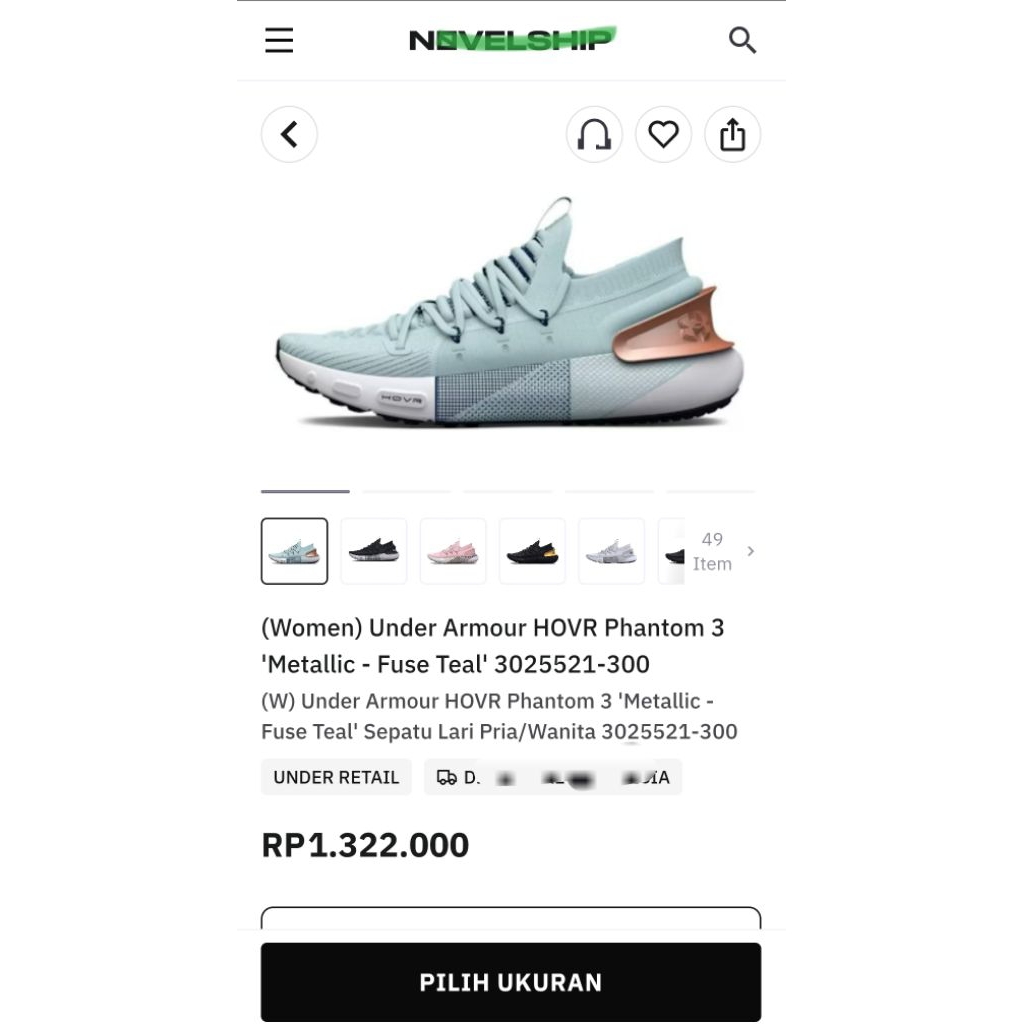 Under Armour® HOVR Phantom 3 'Metallic - Fuse Teal' Sepatu Lari Pria/Wanita SZ38 insol24cm(prelove)