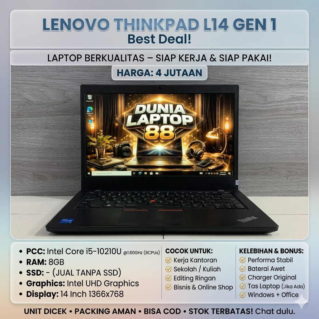 Lenovo Thinkpad L14 Gen 1 Core i5-10210U Ram 8 - Siap Pakai