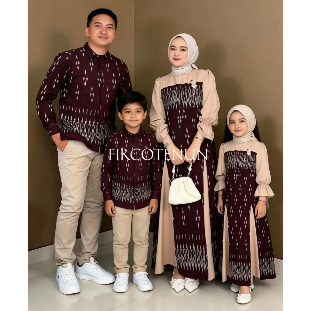 Couple Keluarga Kinati Tenun Mahogany- Sarimbit Keluarga Tenun - Kemeja Tenun Pria & Dress Tenun Wan