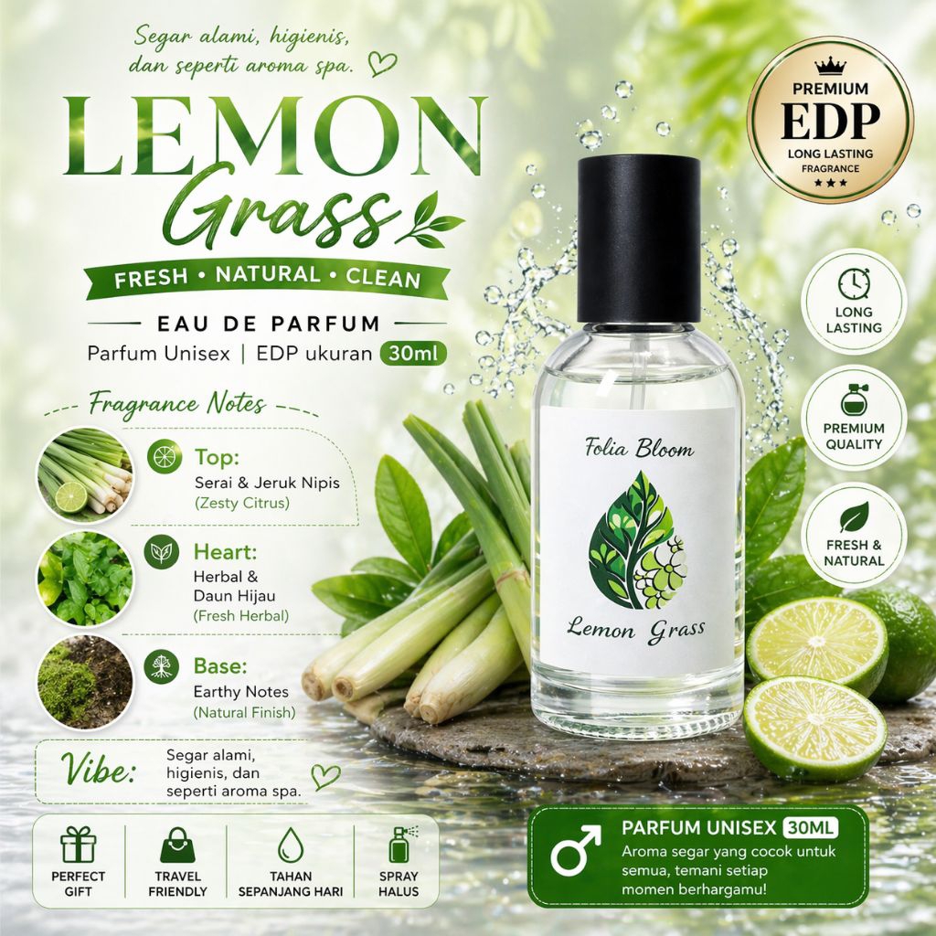 Lemon Grass | Folia Bloom - Eau de Parfum Unisex Segar Alami & Relaksasi.Parfum Murah | Parfum Berku