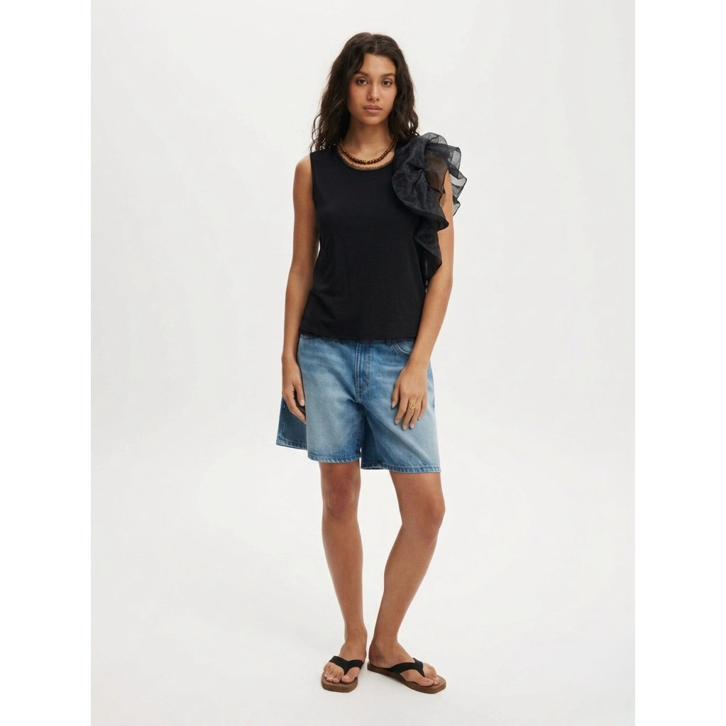 Black Ruffle Sleeve Tank Top - One Shoulder Mesh Detail Blouse - Atasan Wanita Hitam Ruffle Organza 