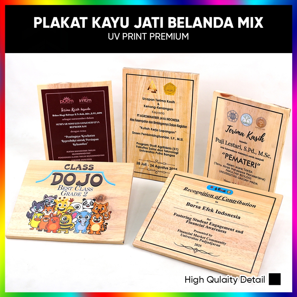 Plakat Wisuda Trophy Penghargaan Premium Kayu Jati Belanda mix Print UV Custom Bebas Murah Cepat