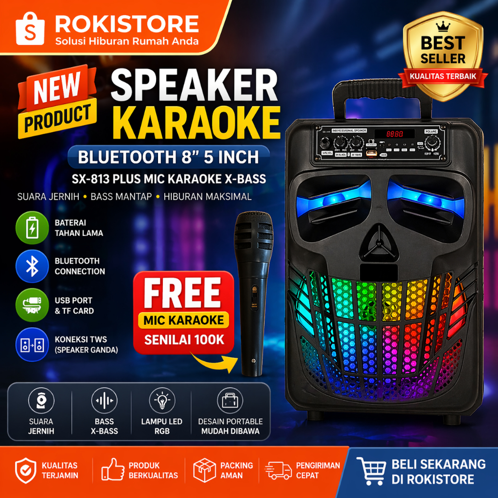Speaker Bluetooth Karaoke SX-813 Plus Mic USB 8 Inch Super Bass 300W LED Display