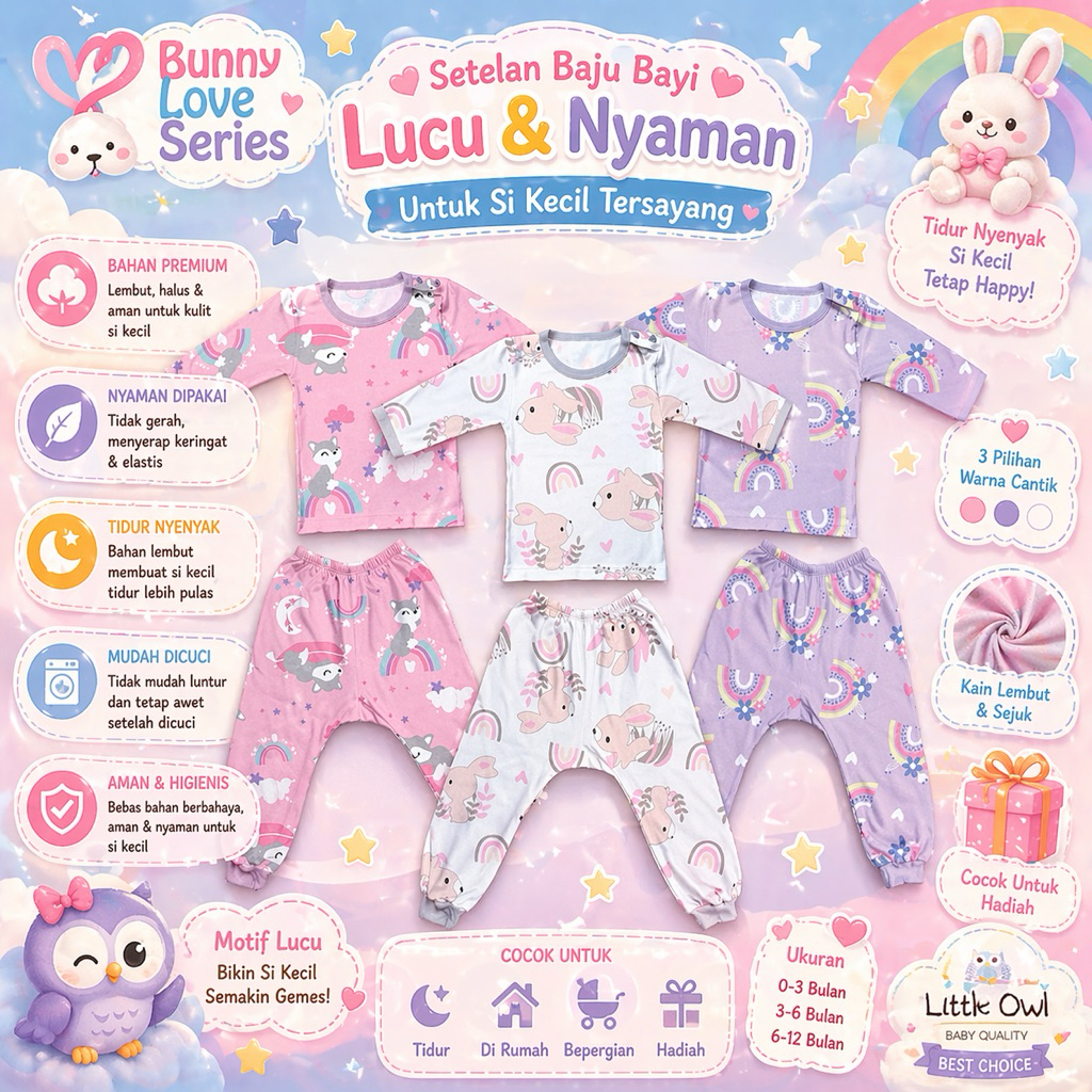 Little Owl 3 Setelan Panjang Oblong SML 3-18 Bulan Baju Pendek Celana Pendek Baju Panjang Celana