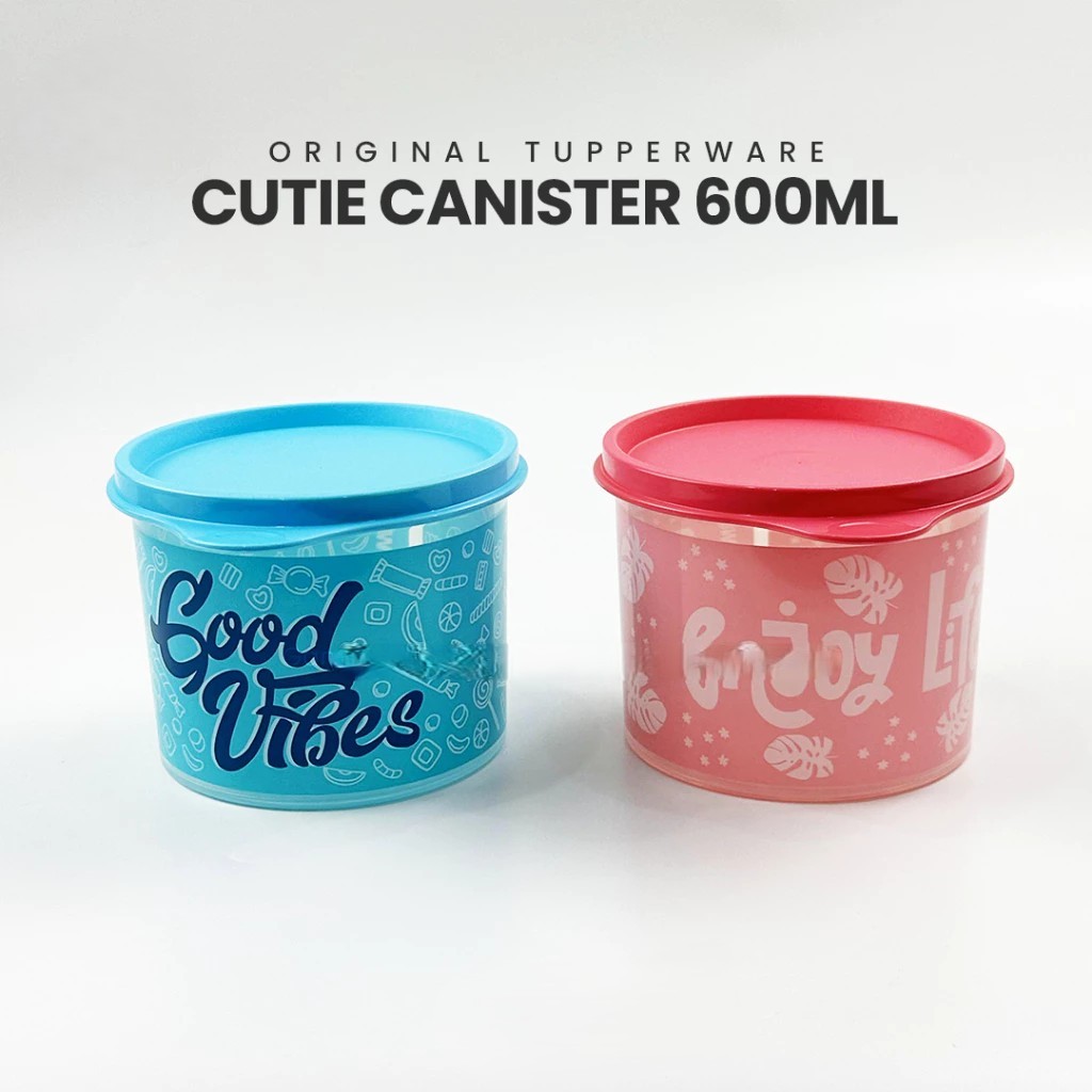 Tupperware Cutie Canister 600ML Original, Wadah Plastik Tutup Karet Biru Merah Motif Unik
