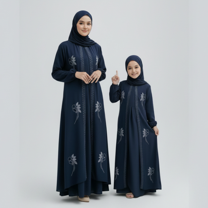 Salma Gamis Abaya Couple Ibu Dan Anak Perempuan Warna Navy Kombinasi Swaroski Terbaru Cocok Jalan & 