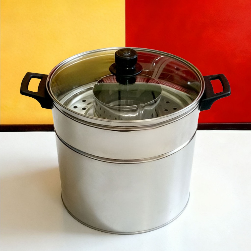 Dandang bakso stainless steel tutup kaca kecil besar 22 24 26 28 30 saringan kukus liter air