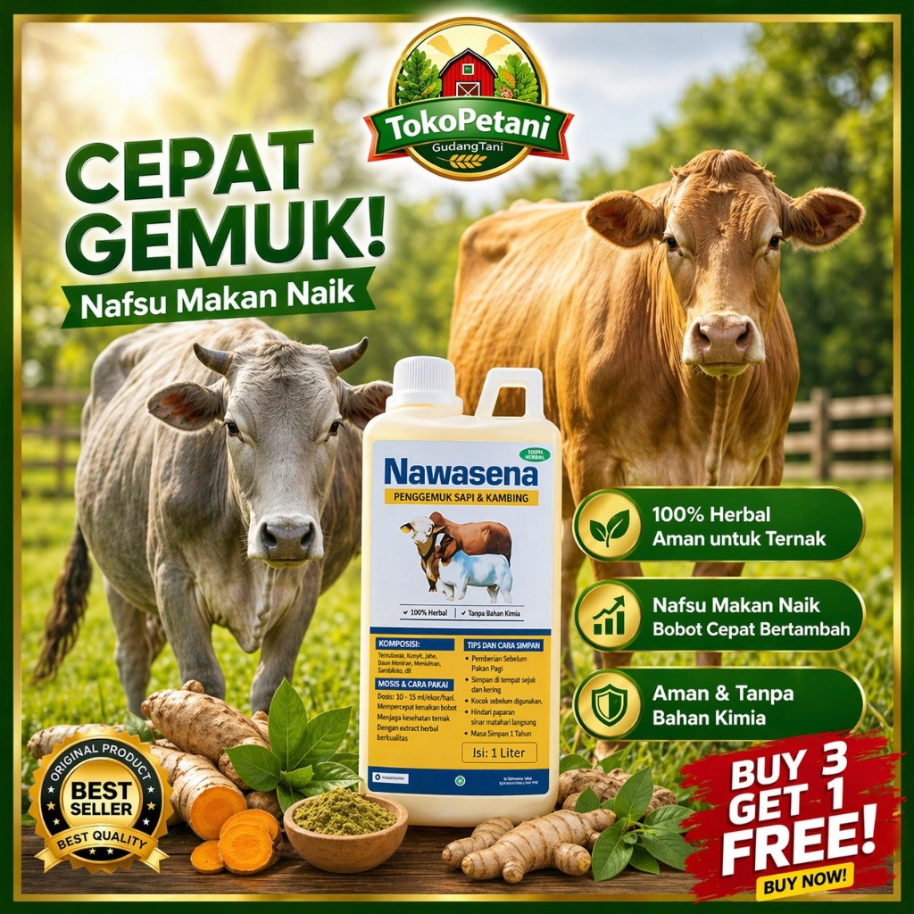 Nawasena 1000ml penggemuk Sapi & Kambing Cepat – Nafsu Makan Naik, Bobot Cepat Bertambah, 100% Herba