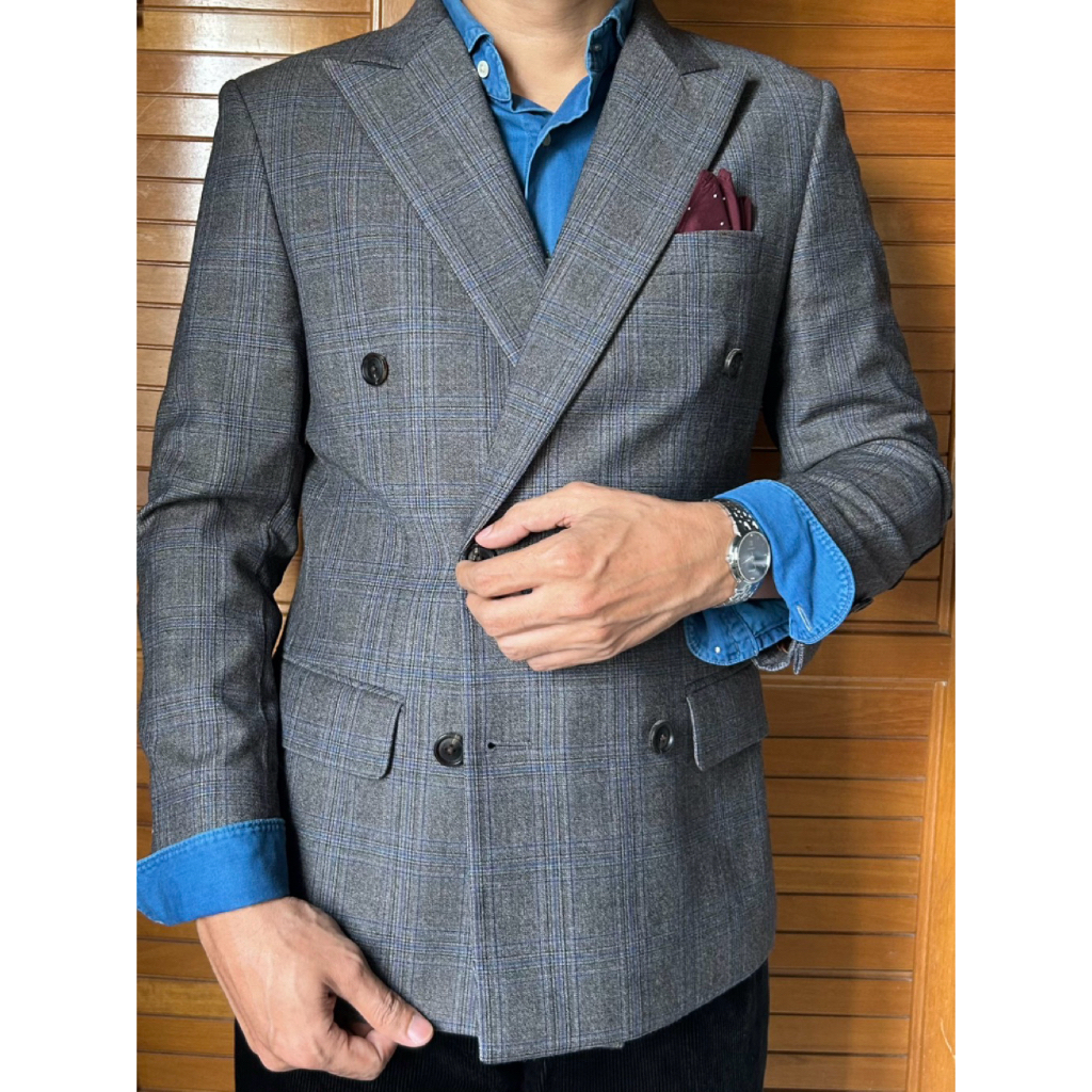 Double Breasted Blazer Tartan with Elbow