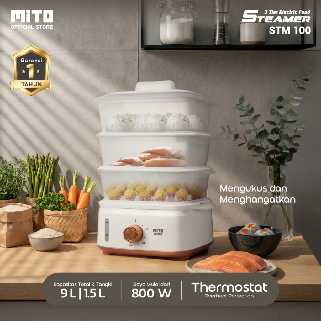 MITO Steamer Electric Food STM100 3 Tier  Pengukus Makanan - White Gold