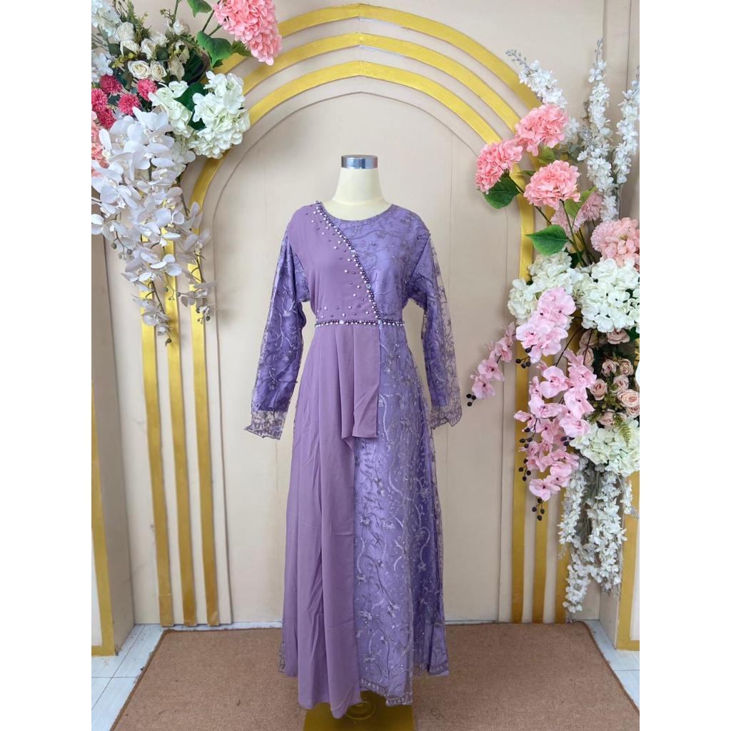 Batik Rais - Ayumna Dress Satin Brokat Kombinasi Ceruti Kondangan Gamis Pesta Kondangan Payet Mutiar