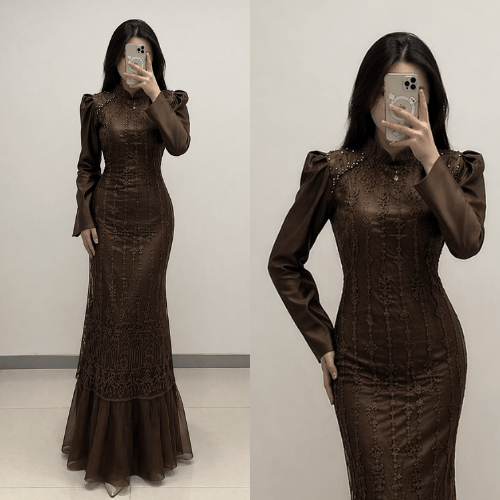 Special Mahogany - Dress Karina Satin Brokat Premium Full Payet Mewah Elegan | Gamis Pesta Kondangan