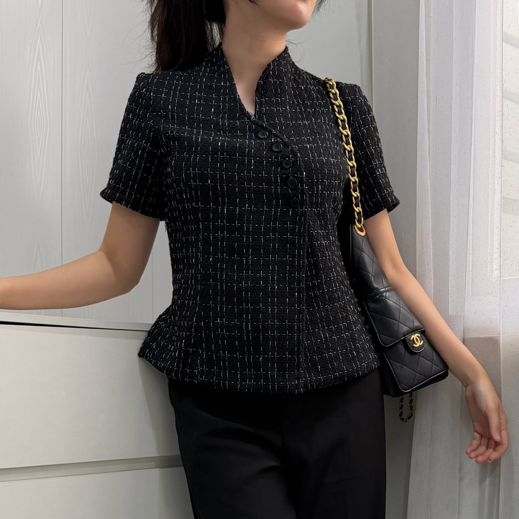NOIR TWEED TOP SHORT SLEEVES LENGAN PENDEK PANJANG BLAZER ATASAN TWEED BAJU KANTOR NGANTOR WANITA SO