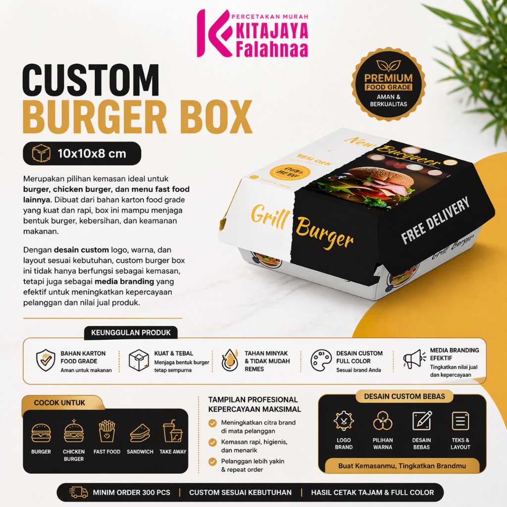 CUSTOM Burger Box 10x10x8 | Minim 300 Pcs | Premium Ivory
