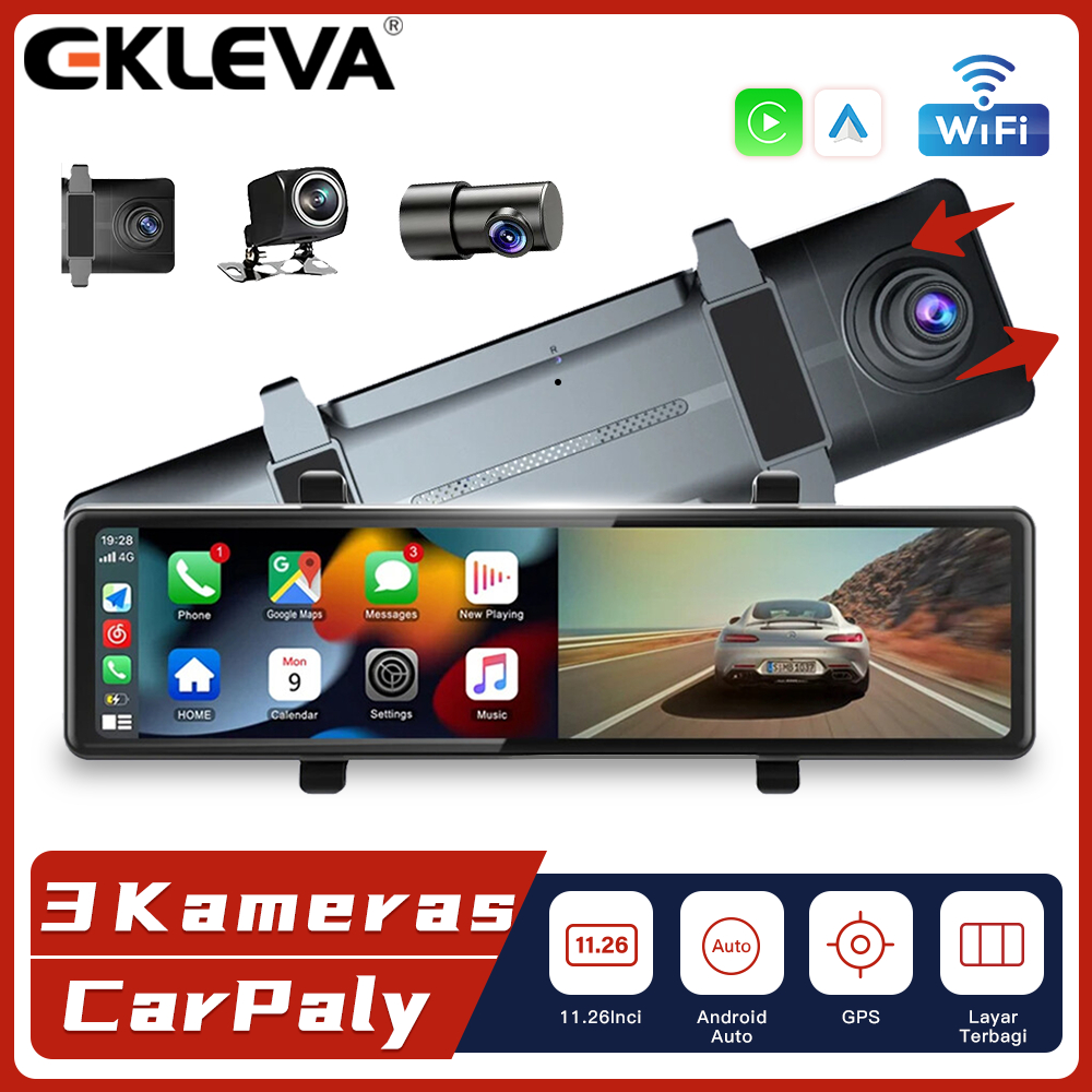 EKLEVA Dashcam Mobil 3 Kamera 11.26 Inci 2.5K Layer Sentuh DVR Mobil Bluetooth WIFI G-Sensor Monitor