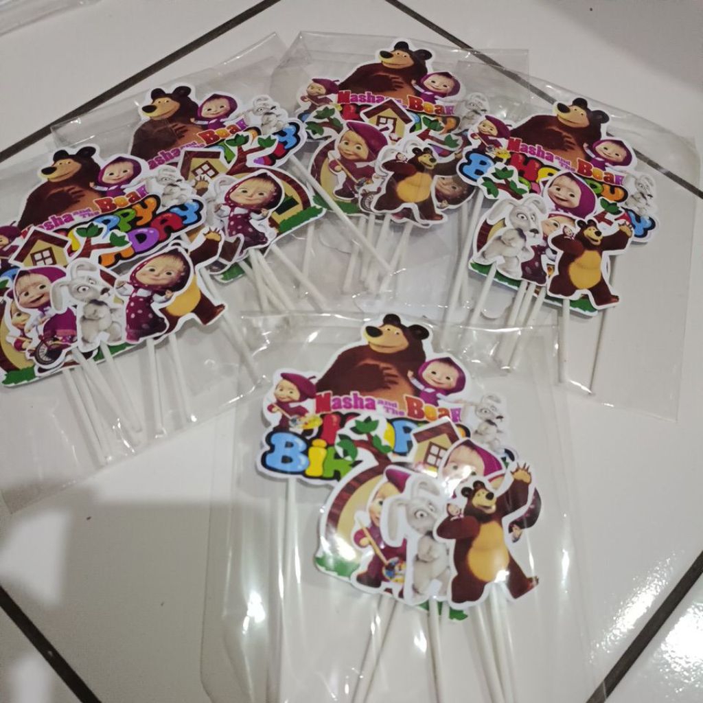 Toper Karakter Masha & Bear Cake Topper Murah Hiasan Kue Ulang Tahun Full Stick