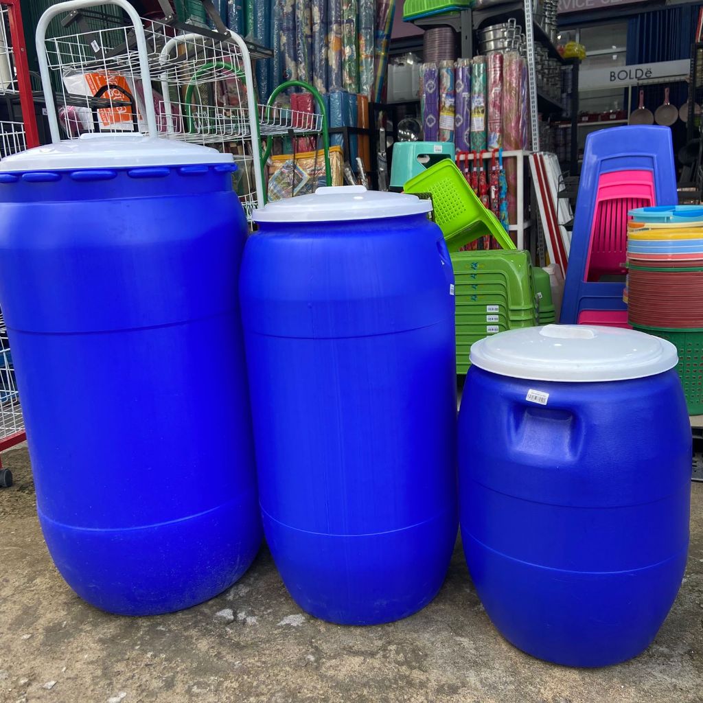 NAMA PRODUK TONG AIR PLASTIK BIRU JUMBO 150 LT, 90 LT, 60 LT / DRUM PLASTIK TUTUP PUTIH / GENTONG PE