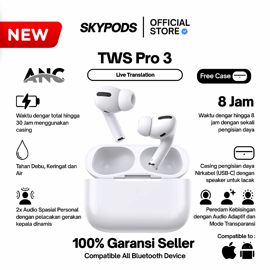 SkyPods TWS PRO 3 ANC Premium H2 Chip Dolby Atmos Transparency Mode Spatial Audio by Skypods Indones