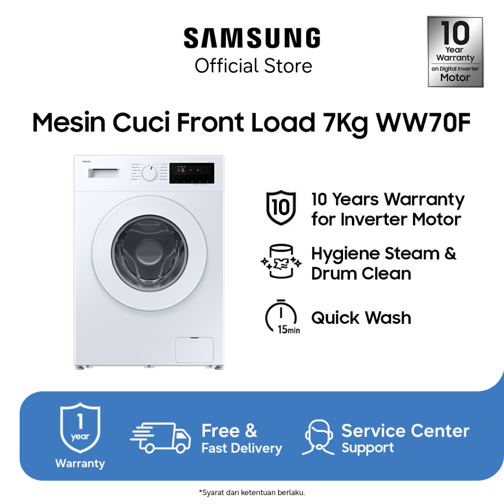 Samsung Mesin Cuci Front Load 7Kg | Hygiene Steam | Drum Clean | WW70FG3M05TWSE