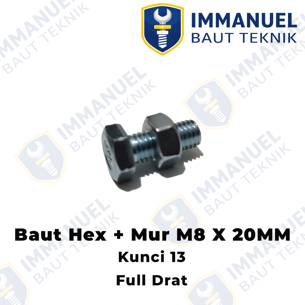 Baut Mur M8x20 Putih Kunci 12 Baut 8x20 Full Drat Mur M8
